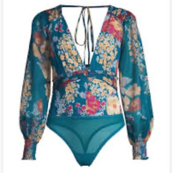 NEW Free People Wanderlust Bodysuit Floral Print Long Sleeve Chiffon Size Small - Picture 4 of 11